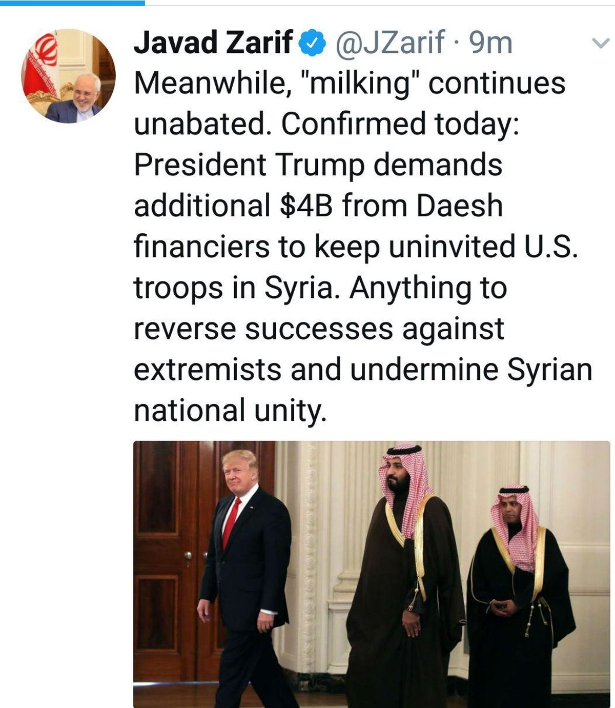 توئیت طعنهآمیز ظریف: دوشیدن عربستان ادامه دارد