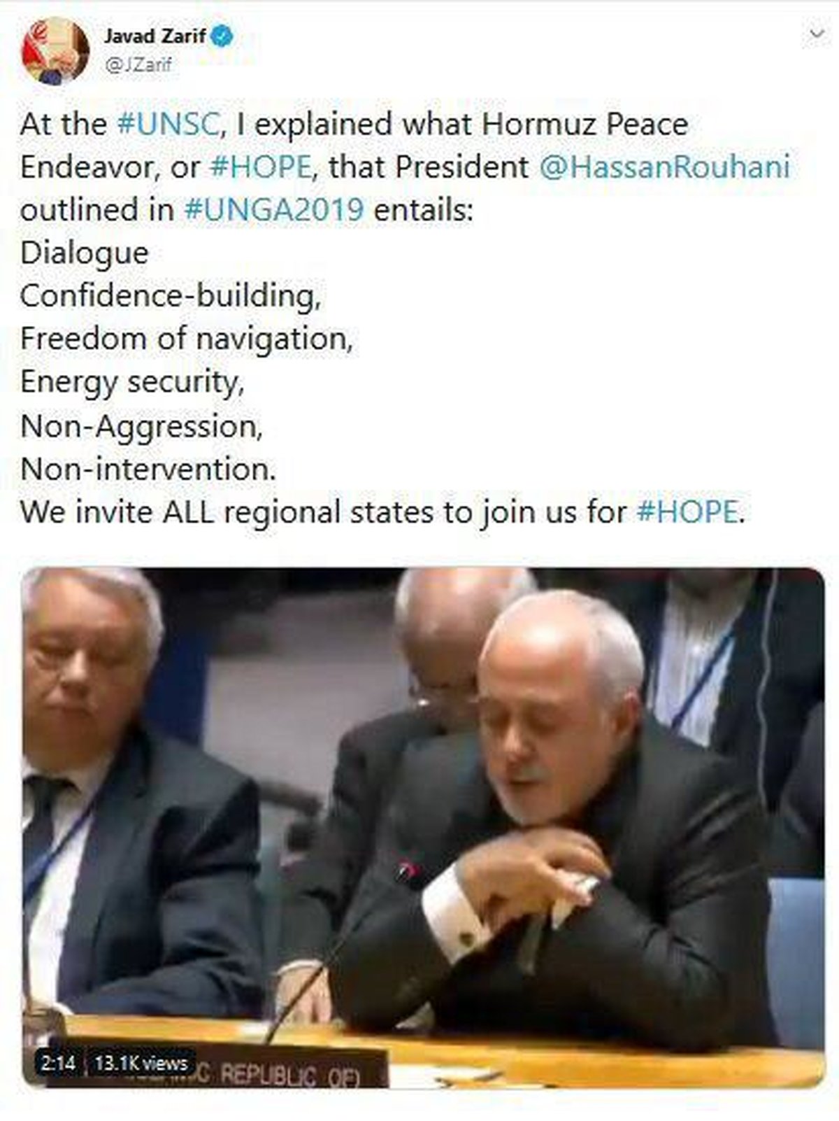 توئیت ظریف درباره حضورش در شورای امنیت سازمان ملل